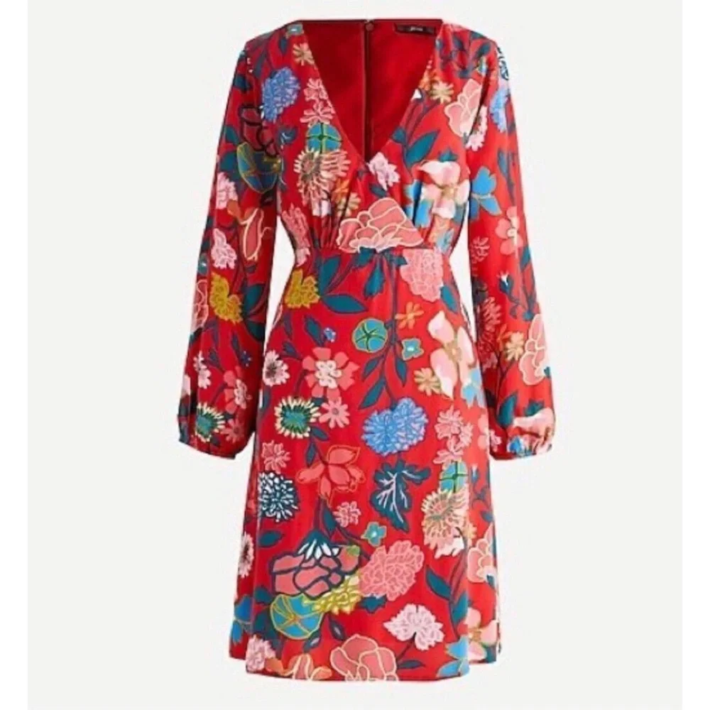 ✨NWT✨ J. CREW Floral V-Neck Bracelet Sleeve Mini Dress in Red Jade Multi Sz 0, 2 - Picture 1 of 3